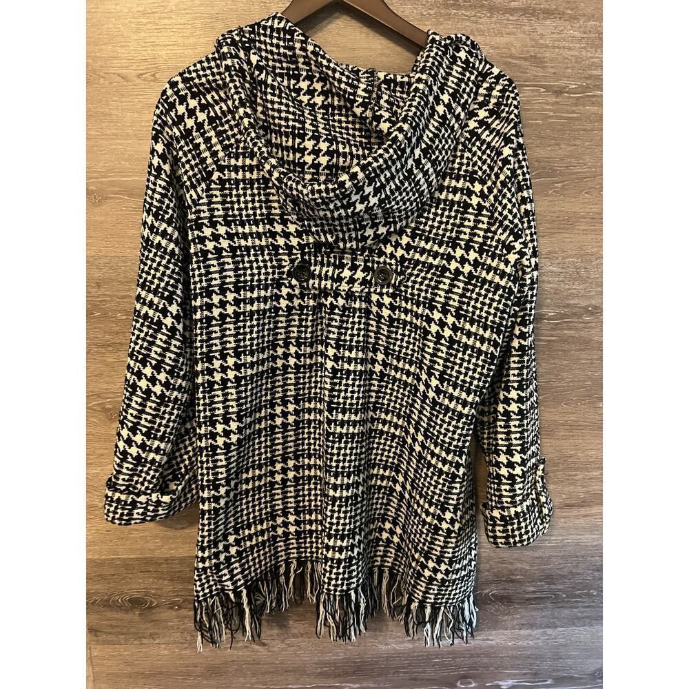 For Cynthia jacket Fringe Sz M Houndstooth Hooded Pockets Black White Classic - Picture 7 of 9
